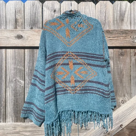 POL Teal and Brown Fringed Southwestern Cardigan - Picture 8 of 13